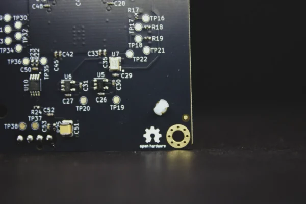 Bitaxe Gamma PCB underside close-up with Open Hardware gear logo, gold vias and labelled test points