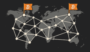 Flat-design world map with interconnected network nodes and two orange Bitcoin flags, under the text ‘Enhance Network Decentralization as a Solo Miner