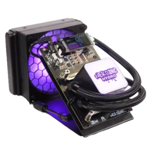 NerdQaxe+ bitcoin solo miner with liquid-cooling radiator and illuminated Hydro block