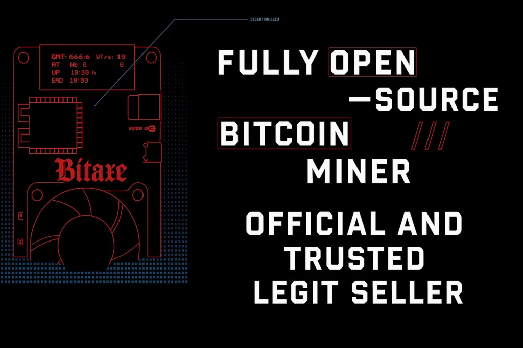Bitaxe official open-source Bitcoin miner promo with red PCB outline and bold text “Fully Open Source Bitcoin Miner — Official and Trusted Legit Seller” on black background.