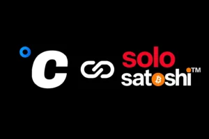 Logo graphic representing the strategic partnership between CryoByte and Solo Satoshi, featuring CryoByte's stylized "C" logo linked to Solo Satoshi's distinctive red and white logo with an embedded Bitcoin symbol.