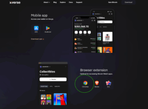 Xverse app and browser extension download options, featuring iOS, Android, Chrome, Brave, and Arc for Bitcoin Web3 access.
