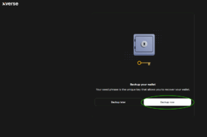Xverse wallet backup screen showing options to "Backup now" or "Backup later" with a vault and key illustration.