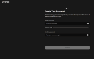 Xverse wallet password creation screen for setting up a secure Bitcoin wallet.