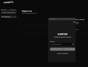 Parasite PParasite Pool website with Xverse Wallet unlock screen requesting password.