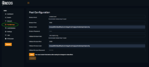AxeOS Pool Configuration screen for Bitaxe miner showing pool and fallback settings.