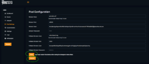 Bitaxe AxeOS Pool Configuration screen with "Save" and "Restart" buttons circled to highlight the steps needed after updating pool settings.