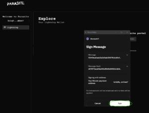 Xverse Wallet "Sign Message" screen on Parasite Pool with the "Sign" button highlighted.