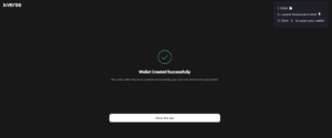 Xverse wallet creation success screen showing "Wallet Created Successfully" confirmation.