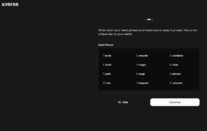 Xverse wallet seed phrase backup screen showing 12-word recovery phrase.