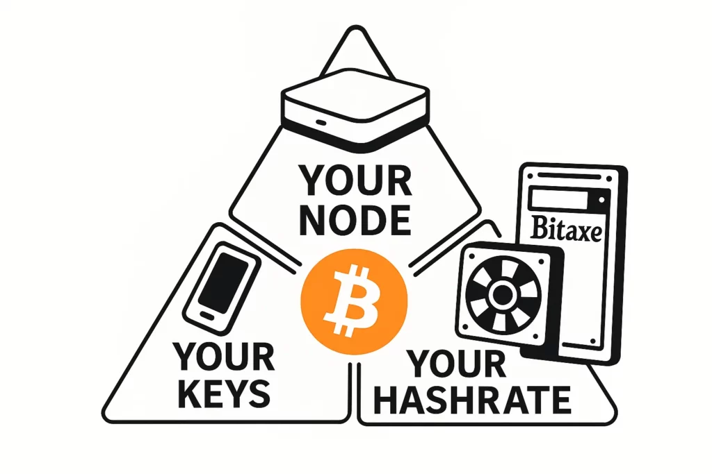 Bitcoin sovereignty triangle illustration featuring “Your Node,” “Your Keys,” and “Your Hashrate” with Bitaxe miner, phone wallet, and node device.