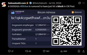 Screenshot of SoloSatoshi tweet claiming a 500 GH/s Bitaxe solved a solo Bitcoin block, with mempool.space address stats and QR code showing 3.12864161 BTC received.