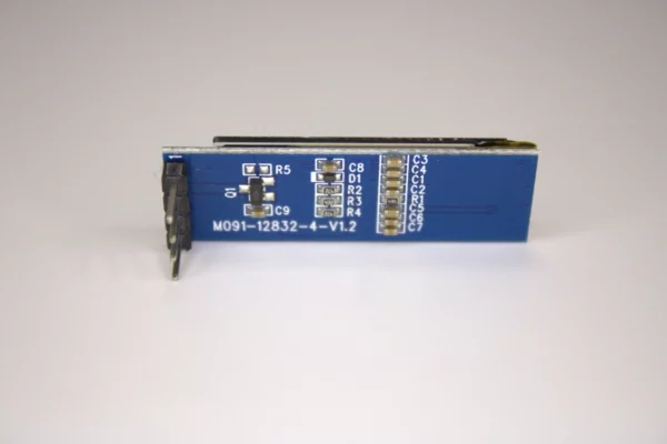 Back-side view of Bitaxe replacement OLED screen module, blue PCB with 4-pin header and SMD components