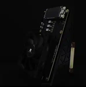 How to set up NerdQaxe++ featured hardware photo for our 2025 setup guide showing the miner on its stand with cooling fan and OLED display