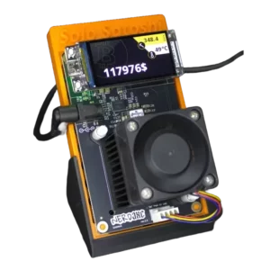 “Nerdaxe Gamma compact home Bitcoin miner on Solo Satoshi stand, OLED display & turbo-fan
