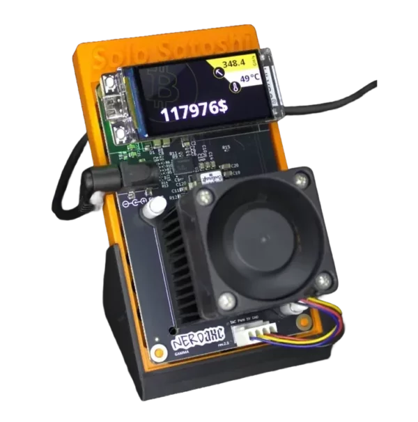 “Nerdaxe Gamma compact home Bitcoin miner on Solo Satoshi stand, OLED display & turbo-fan