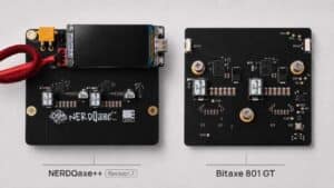 Side-by-side comparison of NerdQaxe++ Rev 7 and Bitaxe 801 GT boards showing the shared TPS546D24A two-phase voltage regulator design