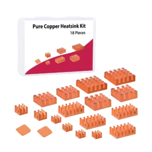 18-piece pure copper mini-heatsink kit for cooling ASICs, VRMs, and RAM on Bitaxe or NerdQaxe bitcoin solo miners