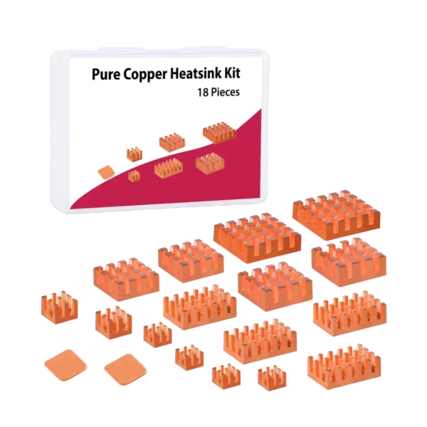 18-piece pure copper mini-heatsink kit for cooling ASICs, VRMs, and RAM on Bitaxe or NerdQaxe bitcoin solo miners