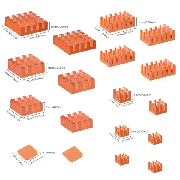 Pure copper heatsink kit shown in a grid with annotated metric-to-inch dimensions for each size