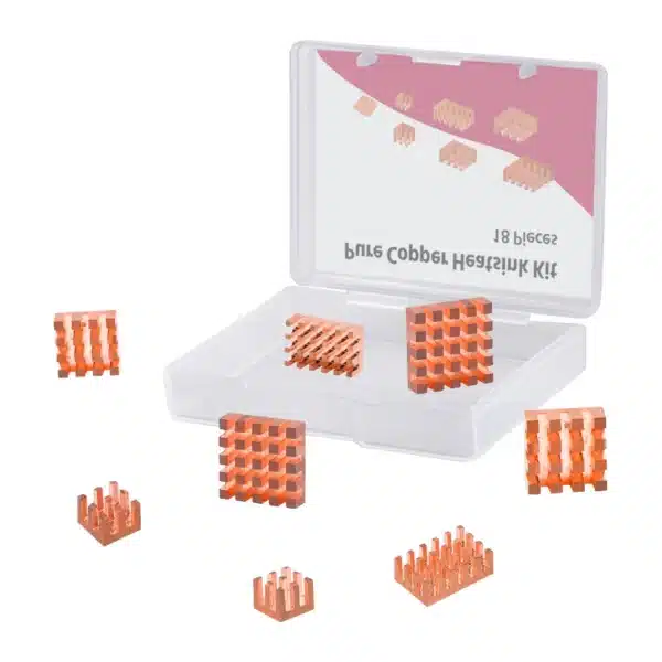 Pure copper mini-heatsinks appearing to float around an open storage case, highlighting kit variety for electronics cooling