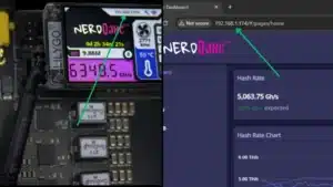 Step 2 of NerdQaxe++ setup guide showing AxeOS dashboard accessed via the device’s local IP address 192.168.1.174 in a web browser.