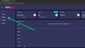 Step 3 of NerdQaxe++ setup guide showing AxeOS dashboard with arrow pointing to the Settings menu for miner configuration.