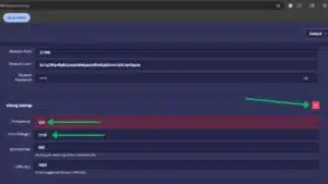 Step 4 of NerdQaxe++ setup guide showing AxeOS mining settings panel with frequency and core voltage highlighted.