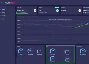 Step 5 of how to overclock NerdQaxe++ showing AxeOS dashboard with frequency increase, voltage assist, and hashrate monitoring.