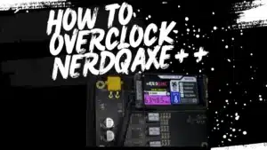 How to Overclock NerdQaxe++ by Solo Satoshi—OLED dashboard showing 6,348.5 GH/s with voltage, current, wattage and temperature, step-by-step tuning guide cover.