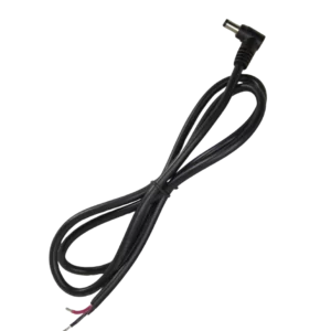5.5 x 2.1mm 90 degree barrel jack male pigtail, 1 meter 18 AWG with stripped tinned red and black leads for 12V power