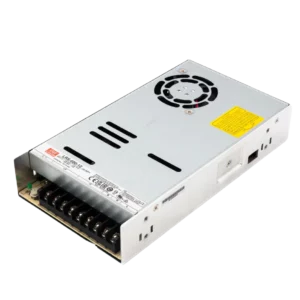 Mean Well LRS 600 12, 12V 600W switching power supply with fan, metal case and screw terminals for high current DC loads.