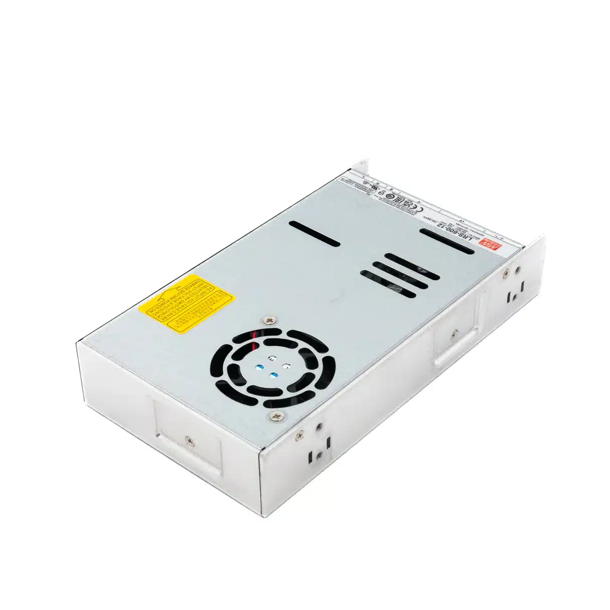 Mean Well LRS 600 12 12V 600W switching power supply at three quarter angle with top fan metal case and ventilation slots.