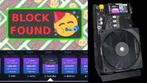 Block Found banner and block 913272 stats beside a NerdQaxe plus plus miner on a Solo Satoshi stand with 120mm cooling fan.