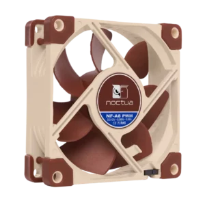 Noctua NF A8 PWM 80mm premium quiet 4 pin cooling fan with brown blades, beige frame and anti vibration pads, front angle.