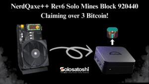 NerdQaxe++ Rev6 miner with “BLOCK FOUND” display pointing to an Umbrel mini PC running Public Pool, headline reads “NerdQaxe++ Rev6 Solo Mines Block 920440,” Solo Satoshi logo.