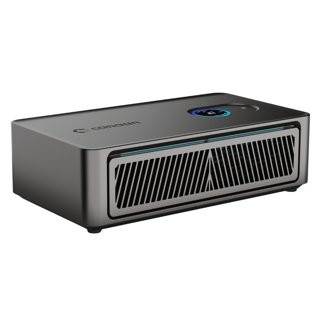 Canaan Avalon Nano 3S desktop Bitcoin solo mining heater with black finish, front slanted vent grille, and blue circular status display.