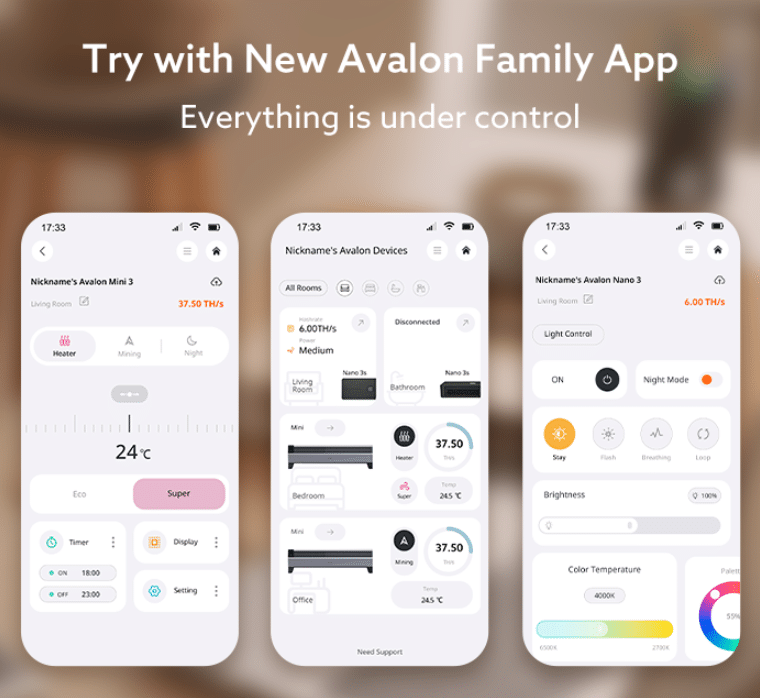 Avalon Family App shown on three smartphones with controls for Avalon Nano 3 and Mini 3 including hashrate display, heater and mining modes, timers, brightness, and night mode.