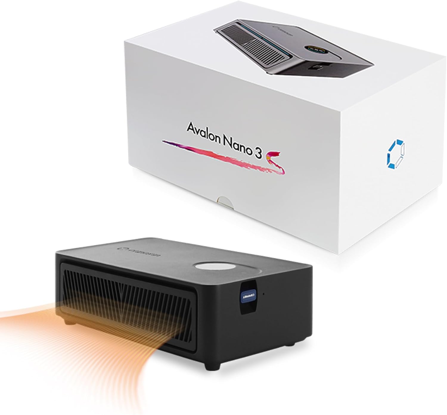 Canaan Avalon Nano 3 desktop bitcoin solo mining heater shown with retail box, warm airflow illustrated from the front grille.