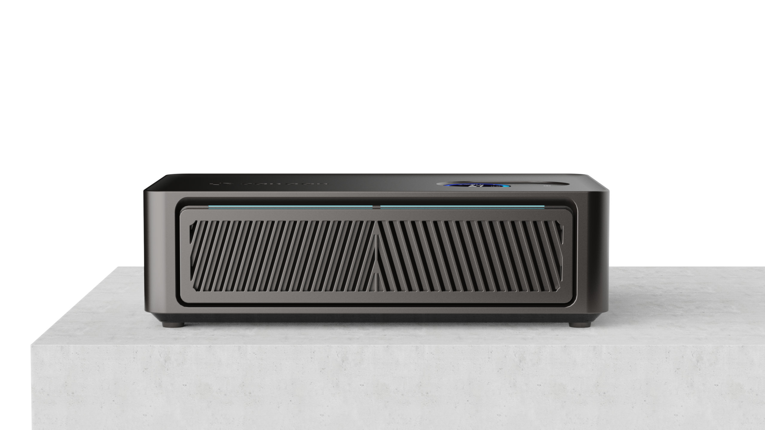 Front view of the Canaan Avalon Nano 3S desktop bitcoin solo mining heater on a concrete surface, showing the wide diagonal vent grille and blue status ring.