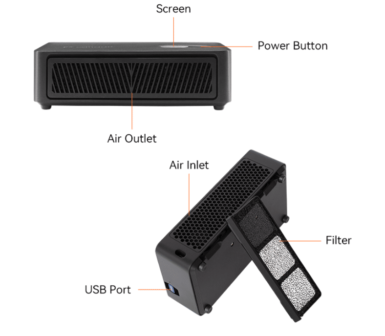Front and rear views of the Canaan Avalon Nano 3S showing labeled parts including screen, power button, front air outlet, rear air inlet, removable dust filter, and side USB port.
