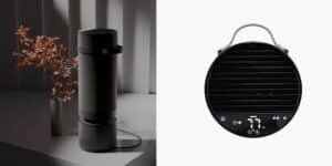 Heatbit Maxi black cylindrical Bitcoin mining heater shown in a minimalist room setting alongside a top-down view of its circular touch control panel displaying temperature in Fahrenheit, featuring aviation-grade aluminum body and ventilation grille.