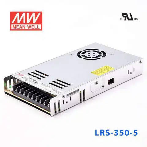 Mean Well LRS-350-5 5V 60A enclosed switching power supply angled top view with cooling fan and terminal block