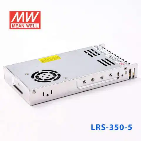 Mean Well LRS-350-5 5V 60A enclosed switching power supply angled view showing metal case and terminal block