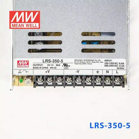Mean Well LRS-350-5 5V 60A enclosed switching power supply front view showing label and screw terminals