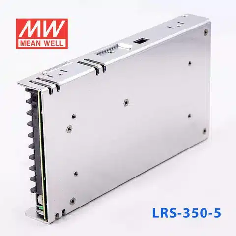 Mean Well LRS-350-5 5V 60A enclosed switching power supply rear view with solid metal case and mounting holes