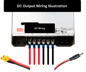 Mean Well LRS 600 12 DC output wiring illustration showing multiple red positive and black negative wires feeding XT30 connector and 5.5x2.1 mm barrel lead