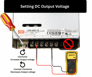 Mean Well LRS 600 12 power supply with screwdriver adjusting potentiometer and multimeter leads on V plus and V minus to set 12 volt DC output