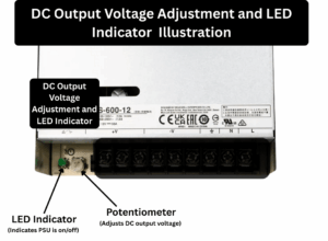 Mean Well LRS 600 12 power supply showing DC output voltage adjustment potentiometer and green LED power indicator