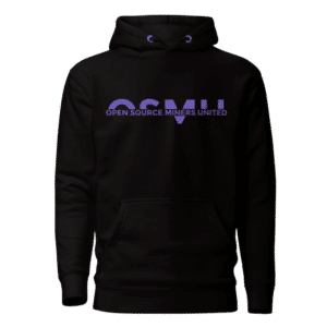 Black pullover hoodie with purple OSMU logo and “Open Source Miners United” text across the chest.